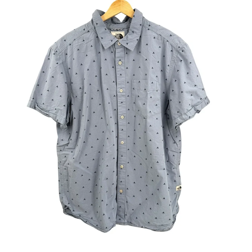 The North Face Button Down‎ Mens XL Blue Short Sleeve Tent Print Cotton Shirt